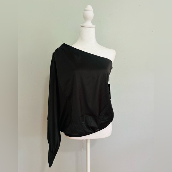 Lulu's Black Asymmetrical The Ballads One Shoulder Black Satin Blouse Size M - Picture 2 of 10